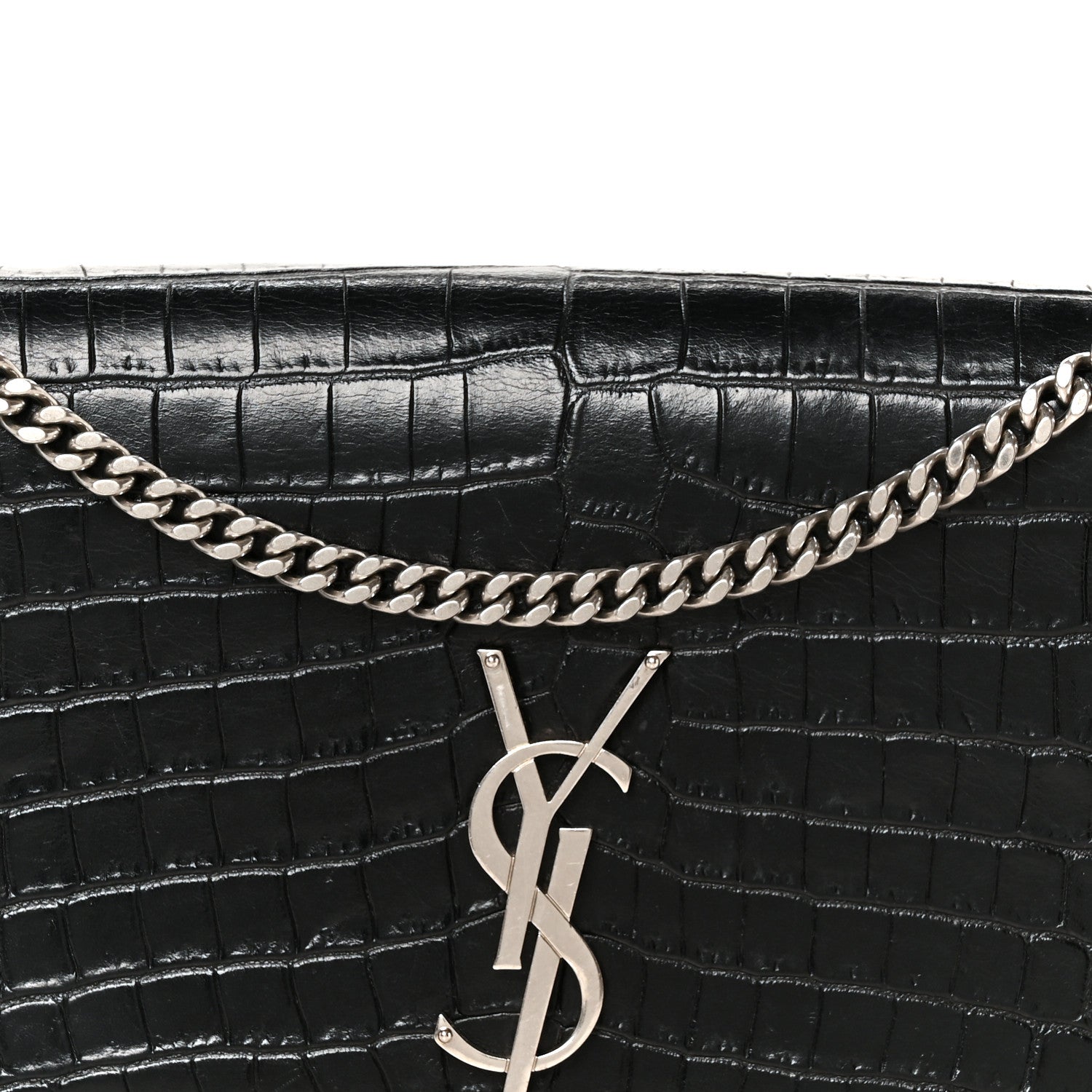 Calfskin Crocodile Embossed Medium Classic Monogram Kate Tassel Satchel Black