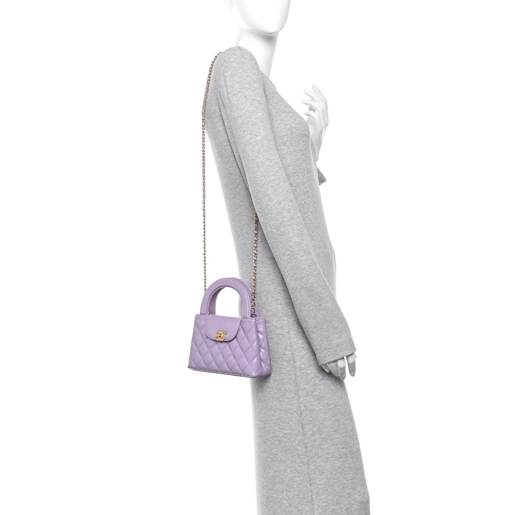 Shiny Aged Calfskin Quilted Nano Kelly Shopper Lilac