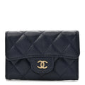 Caviar Quilted Flap Card Holder Wallet Navy Blue