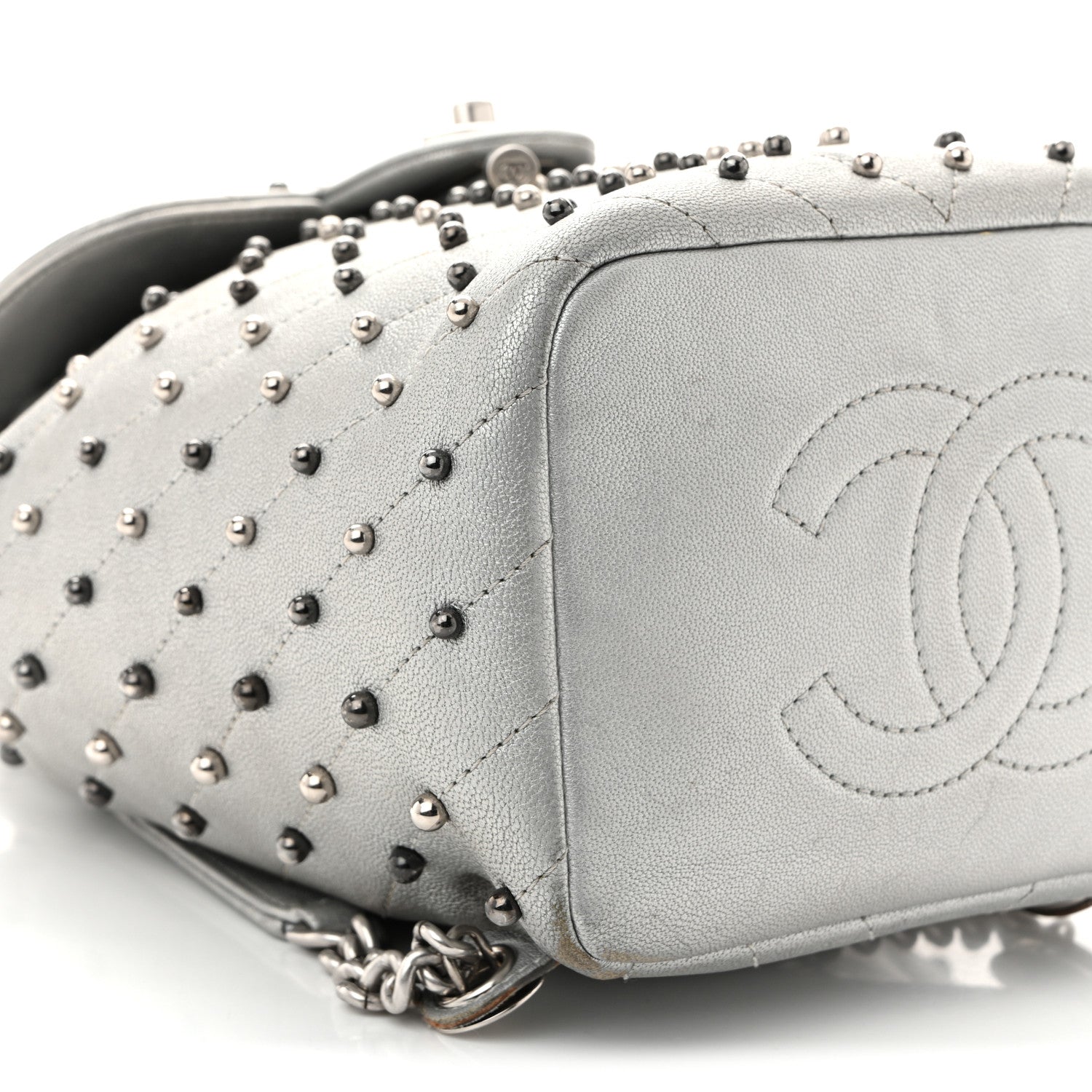 Metallic Lambskin Chevron Quilted Studded Stud Wars Backpack Silver