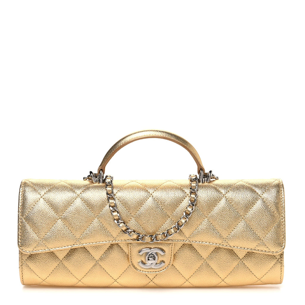 Metallic Caviar Quilted Top Handle Long Clutch With Chain Gold