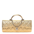 Metallic Caviar Quilted Top Handle Long Clutch With Chain Gold