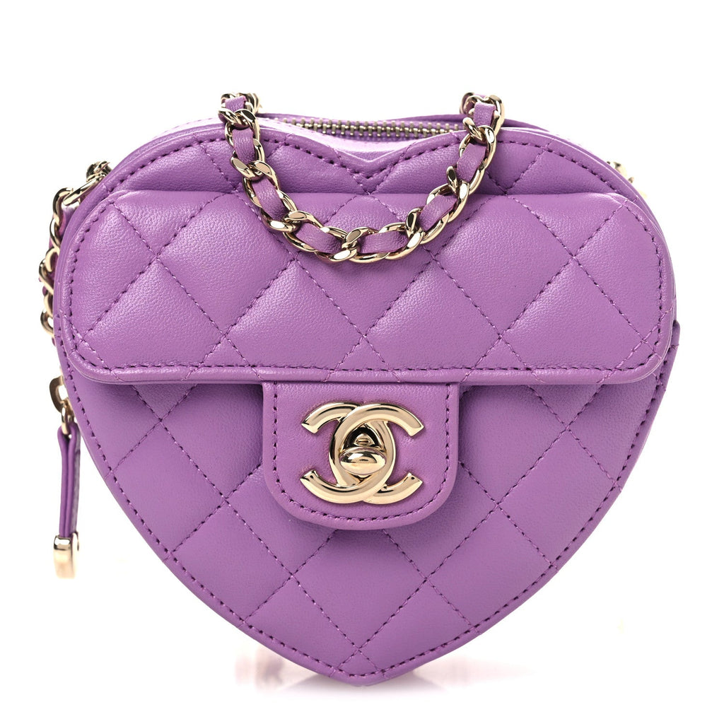 Lambskin Quilted CC In Love Heart Clutch With Chain Purple