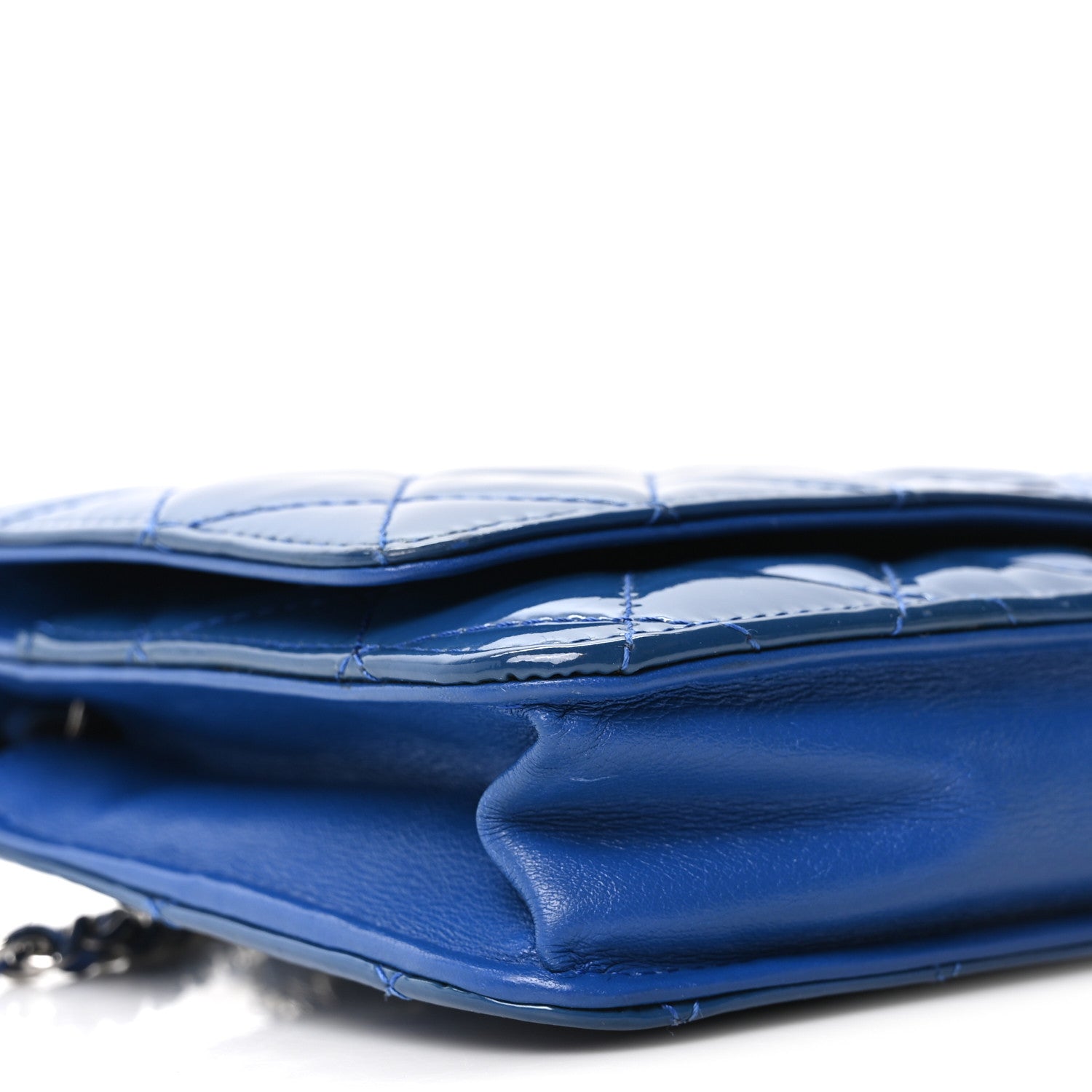 Patent Calfskin Quilted Wallet On Chain WOC Dark Blue