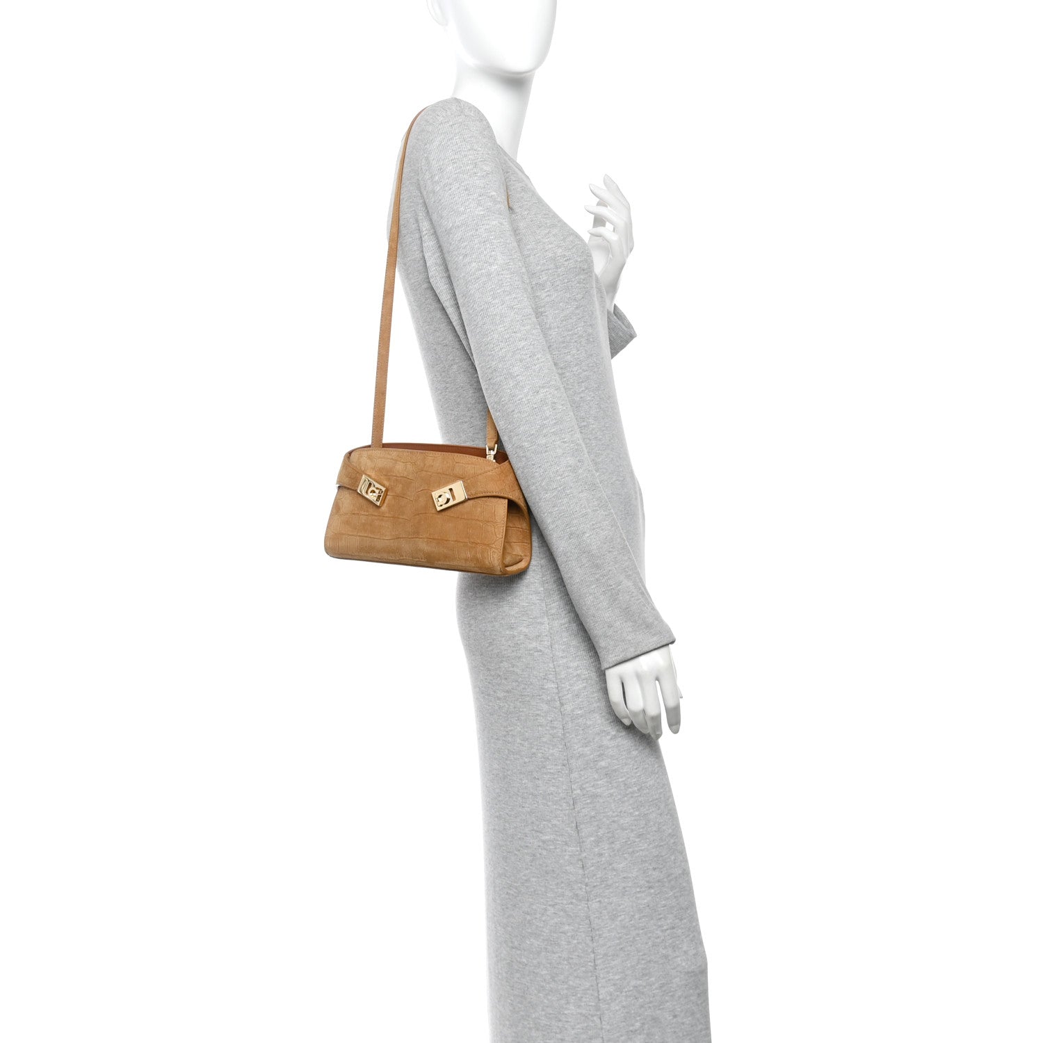 Suede Alligator Embossed Mini Hug Crossbody Bag Natural Brown