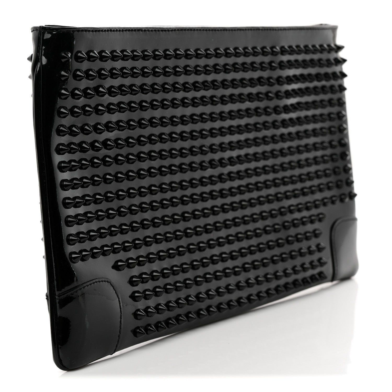 Patent Calfskin Studded Loubiposh Chain Clutch Black