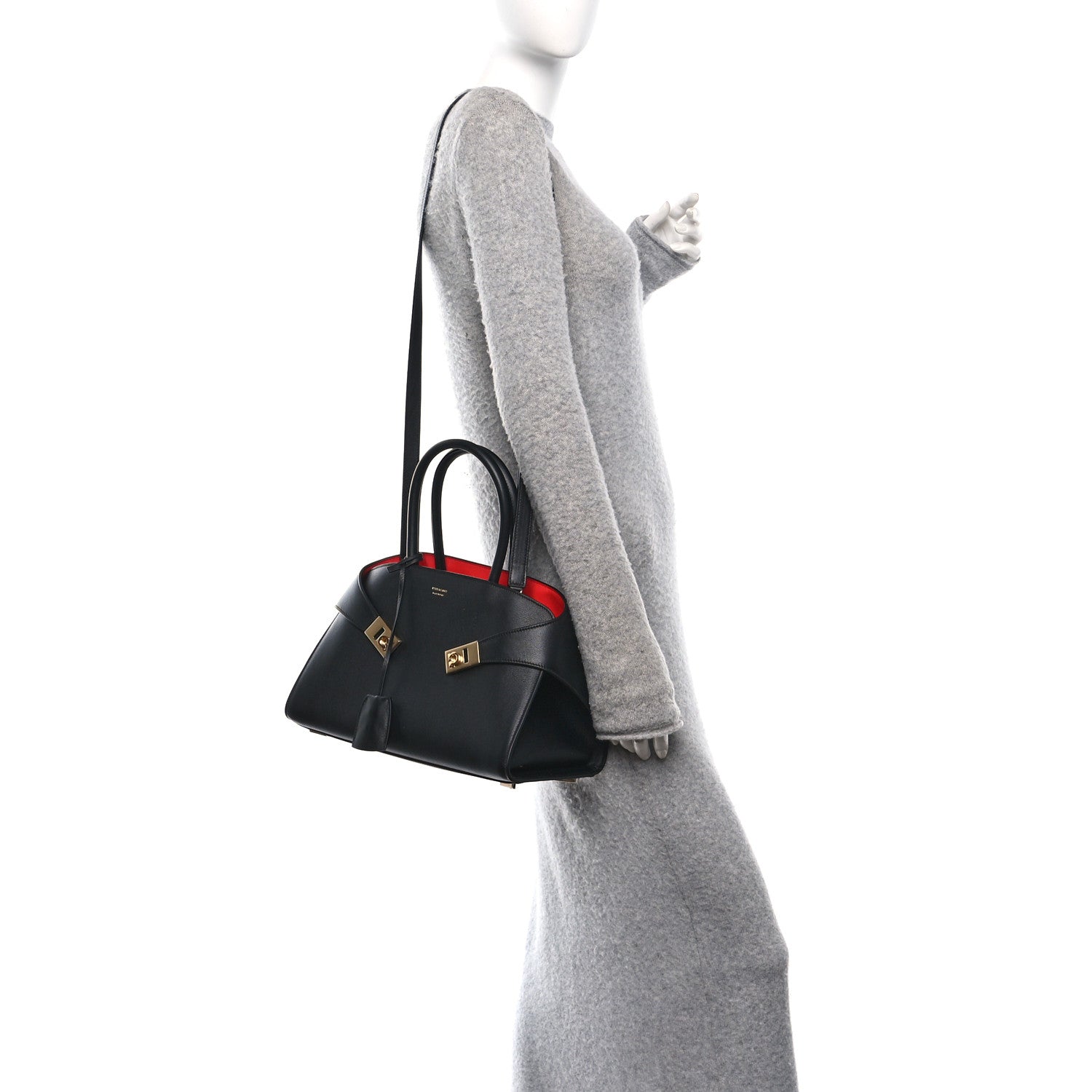 Calfskin Medium Hug Soft Bicolor Shoulder Bag Black Flame Red
