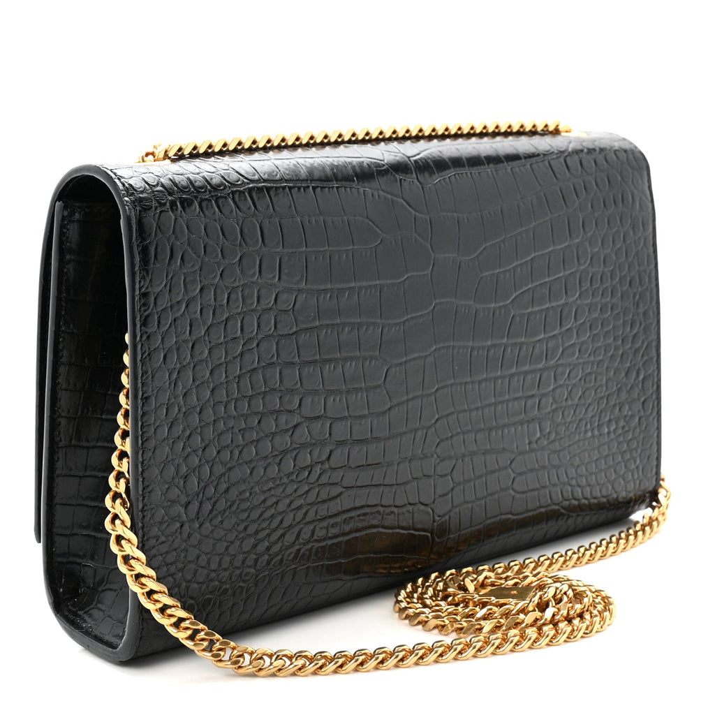 Calfskin Crocodile Embossed Medium Classic Monogram Kate Tassel Satchel Black