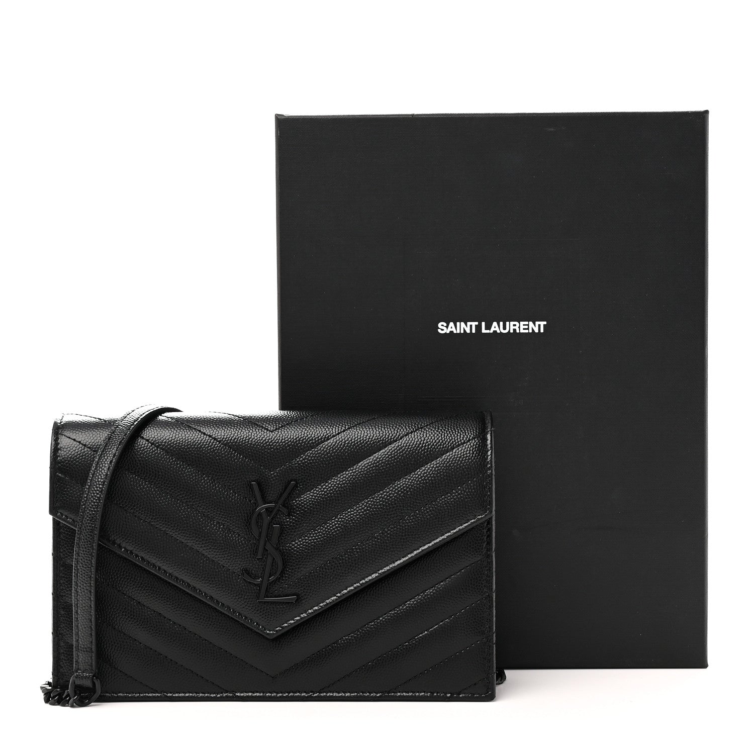 Grain De Poudre Matelasse Chevron Monogram Monochrome Envelope Chain Wallet Black