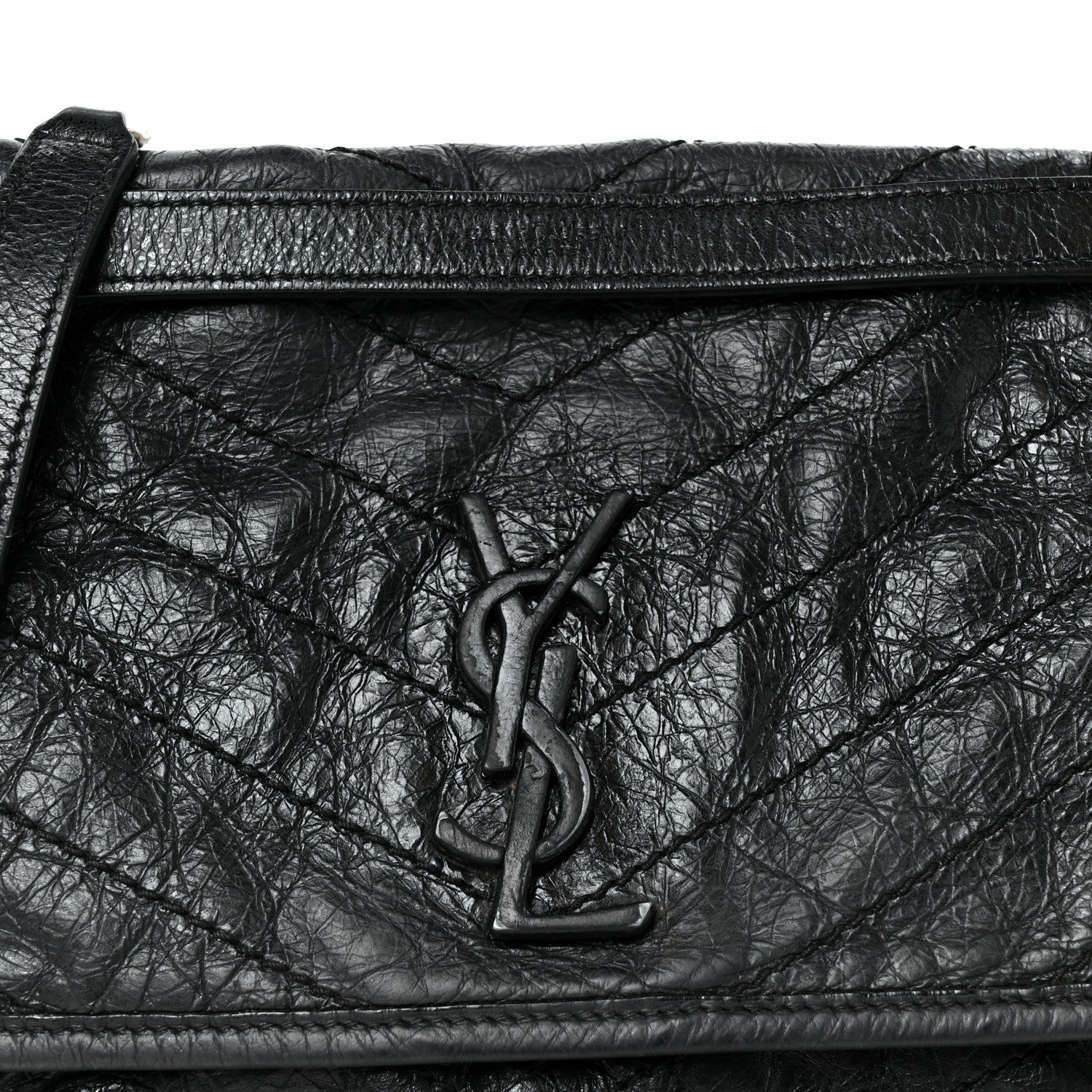 Crinkled Calfskin Matelasse Monogram Medium Niki Chain Satchel Black