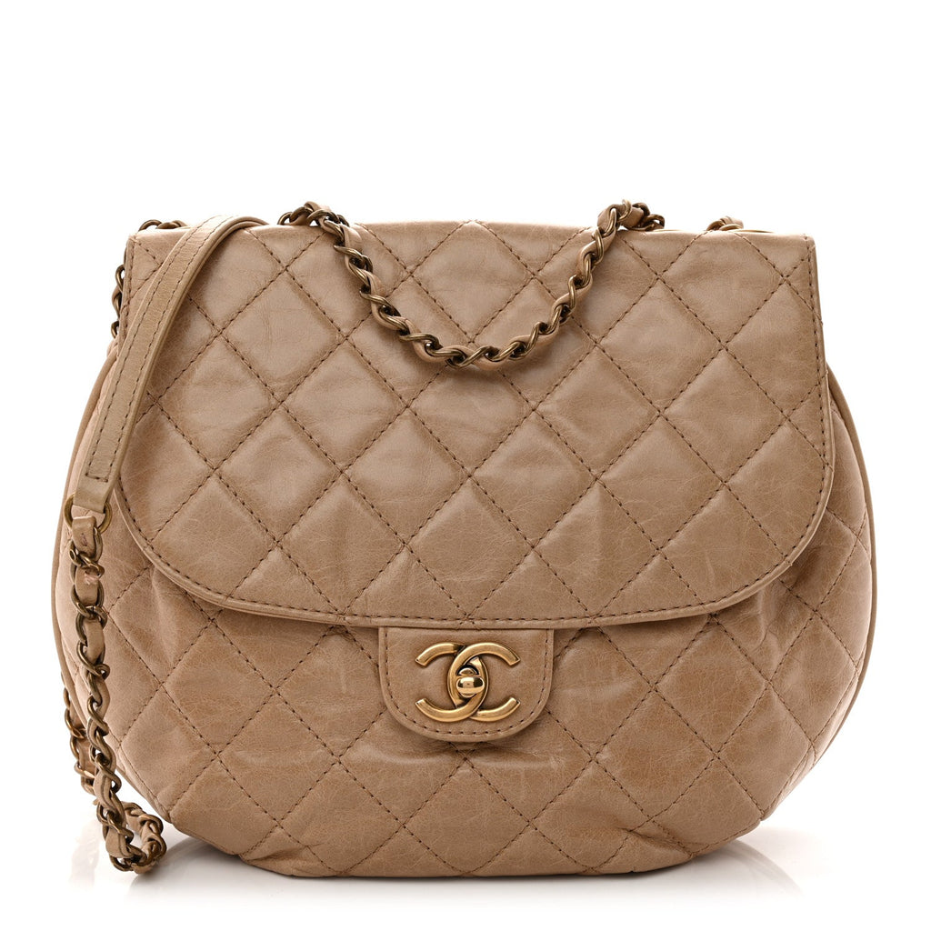 Glazed Calfskin Quilted Medium Bubble CC Flap Beige