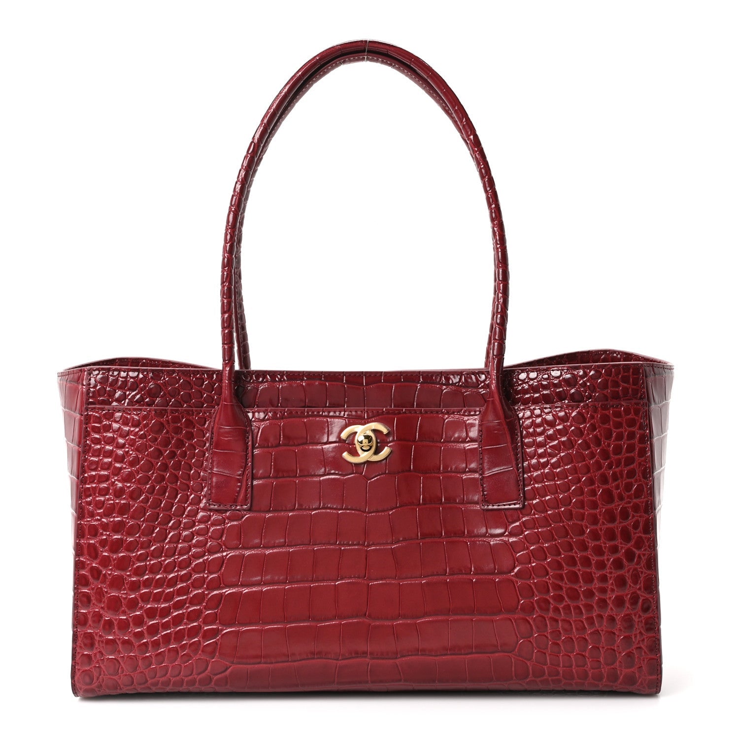 Calfskin Crocodile Embossed Archetype Small Shopping Tote Burgundy