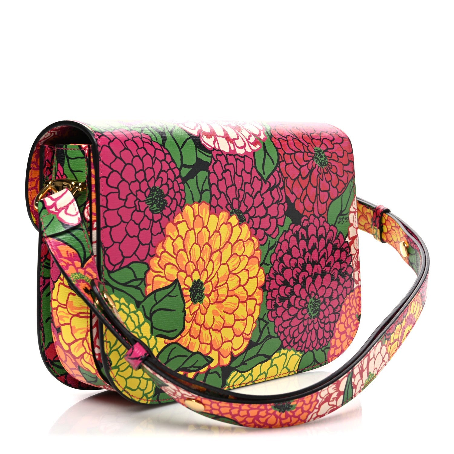 X KEN SCOTT New Shangai Calfskin Pomponica Print Horsebit 1955 Shoulder Bag  Multicolor Fuxia Pompon