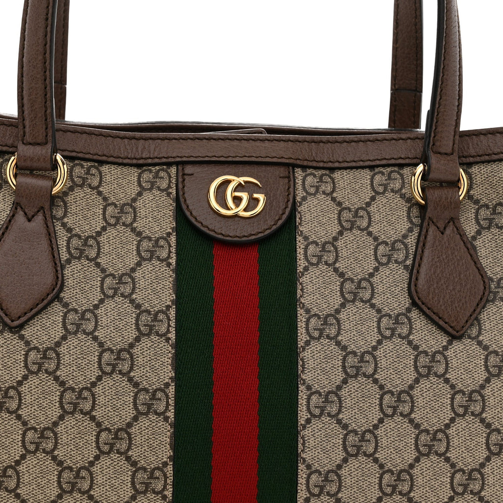 GG Supreme Monogram Textured Calfskin Web Medium Ophidia Shopping Tote Beige Ebony New Acero