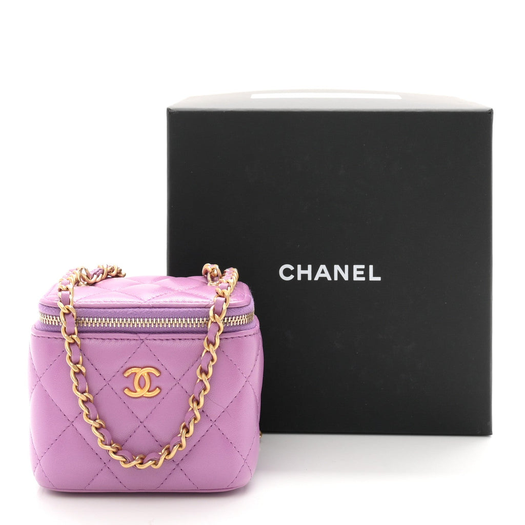 Lambskin Quilted Pearl Crush Mini Vanity Case With Chain Purple