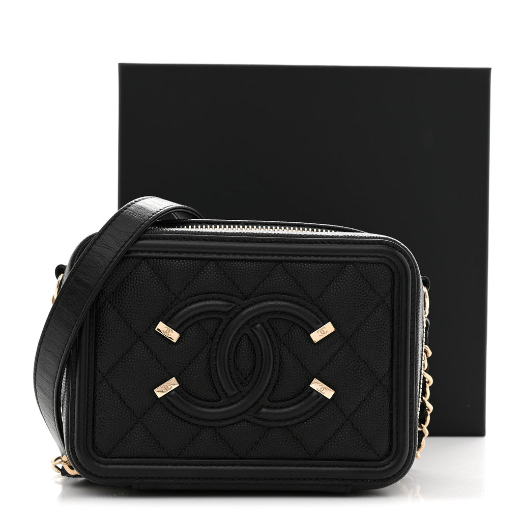Caviar Quilted CC Filigree Vanity Clutch With Chain Black