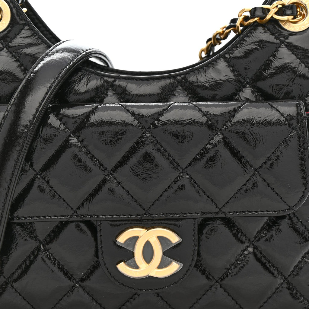 Shiny Crumpled Calfskin Quilted Small Wavy CC Hobo Black