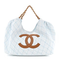 Denim Calfskin Quilted Coco Beach Small Shopping Tote Light Blue Brown