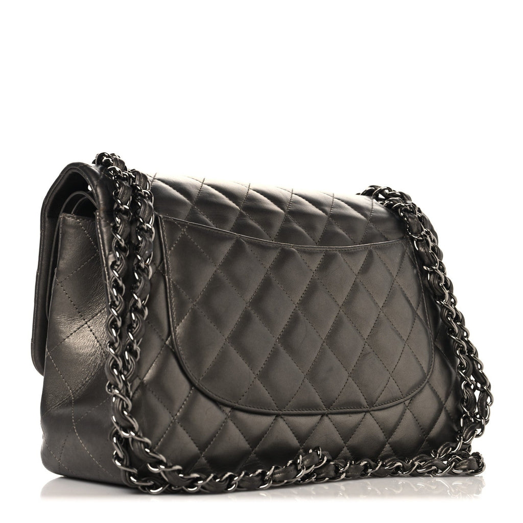 Metallic Lambskin Quilted Jumbo Double Flap Pewter