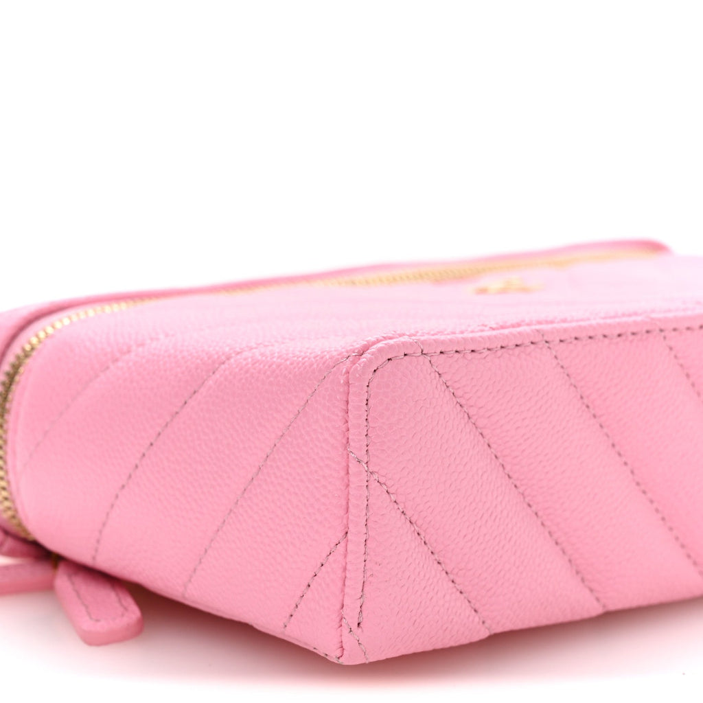 Shiny Caviar Chevron Quilted Top Handle Vanity With Chain Rose