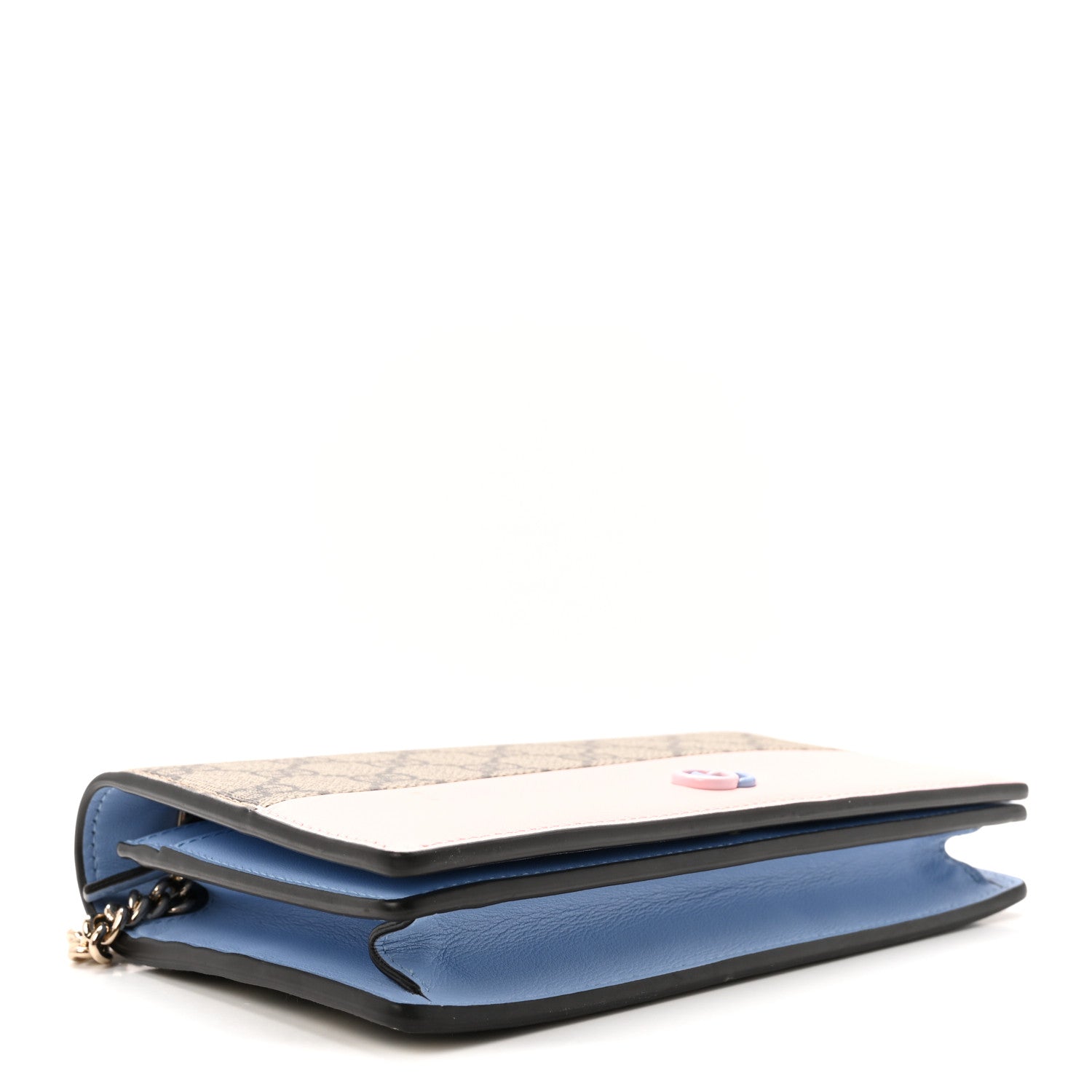 GG Supreme Monogram Textured Dollar Calfskin Mini GG Marmont Chain Wallet Light Pink Blue Beige