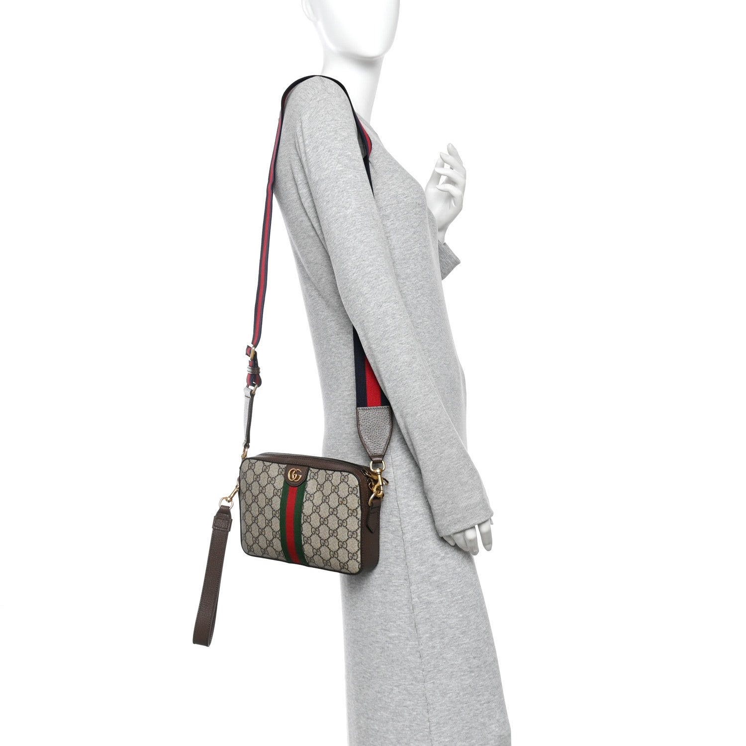 GG Supreme Monogram Textured Dollar Calfskin Web Ophidia Wristlet Shoulder Bag Beige Ebony New Acero