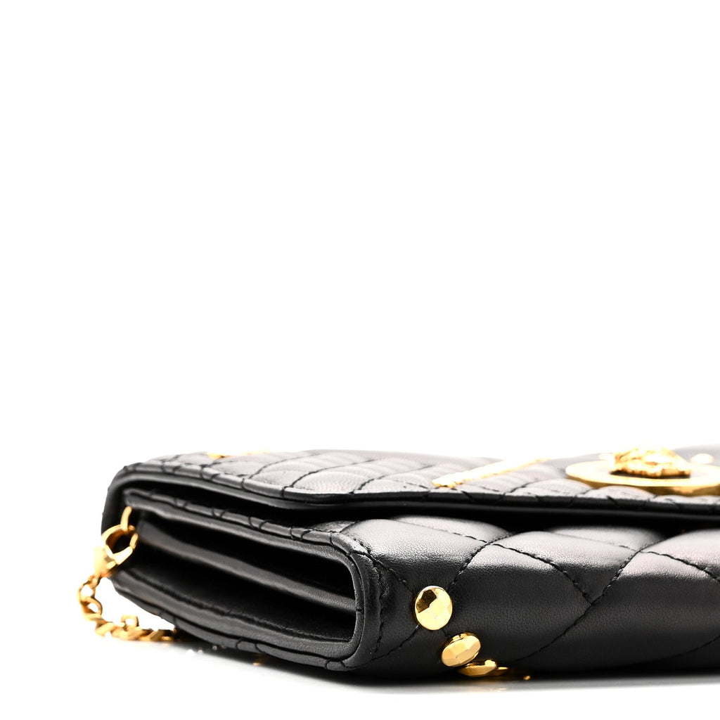 Lambskin Studded Quilted Medusa Wallet on Chain Crossbody Black Gold