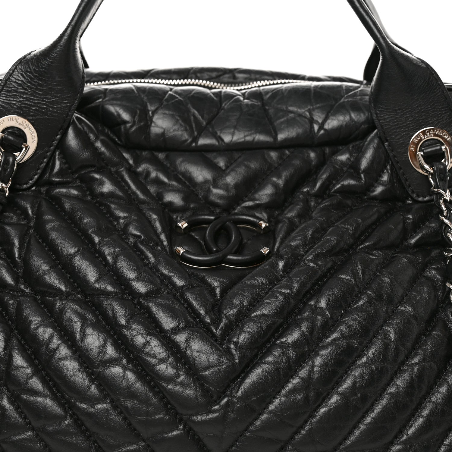 Aged Calfskin Chevron Large Soft Bowling Bag Black
