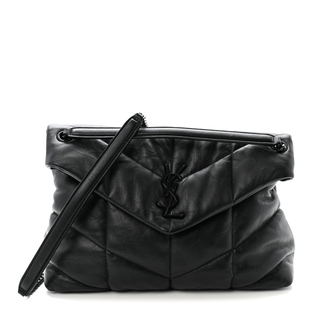 Lambskin Quilted Monogram Monochrome Medium Loulou Puffer Chain Satchel Black
