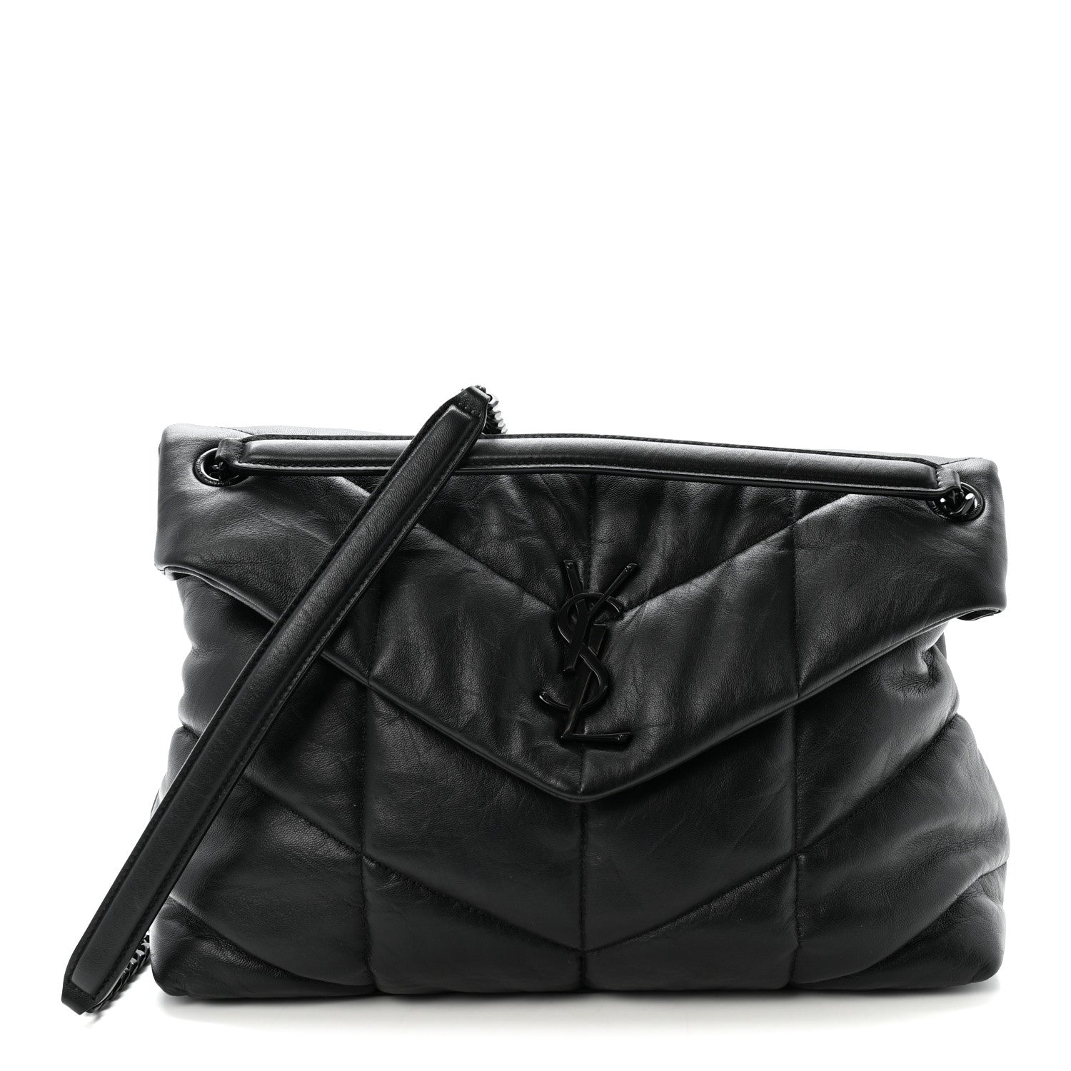 Lambskin Quilted Monogram Monochrome Medium Loulou Puffer Chain Satchel Black