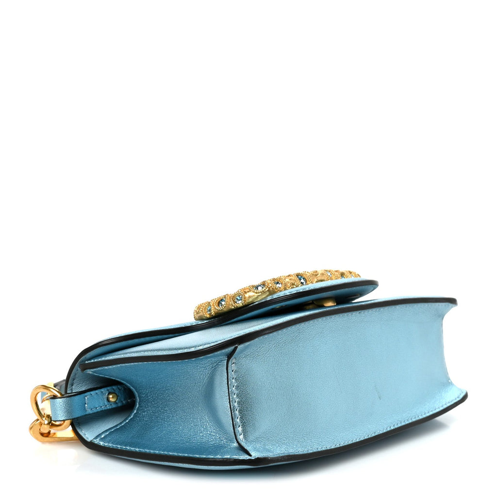 Laminated Calfskin Crystal Vlogo Small Shoulder Bag Blue