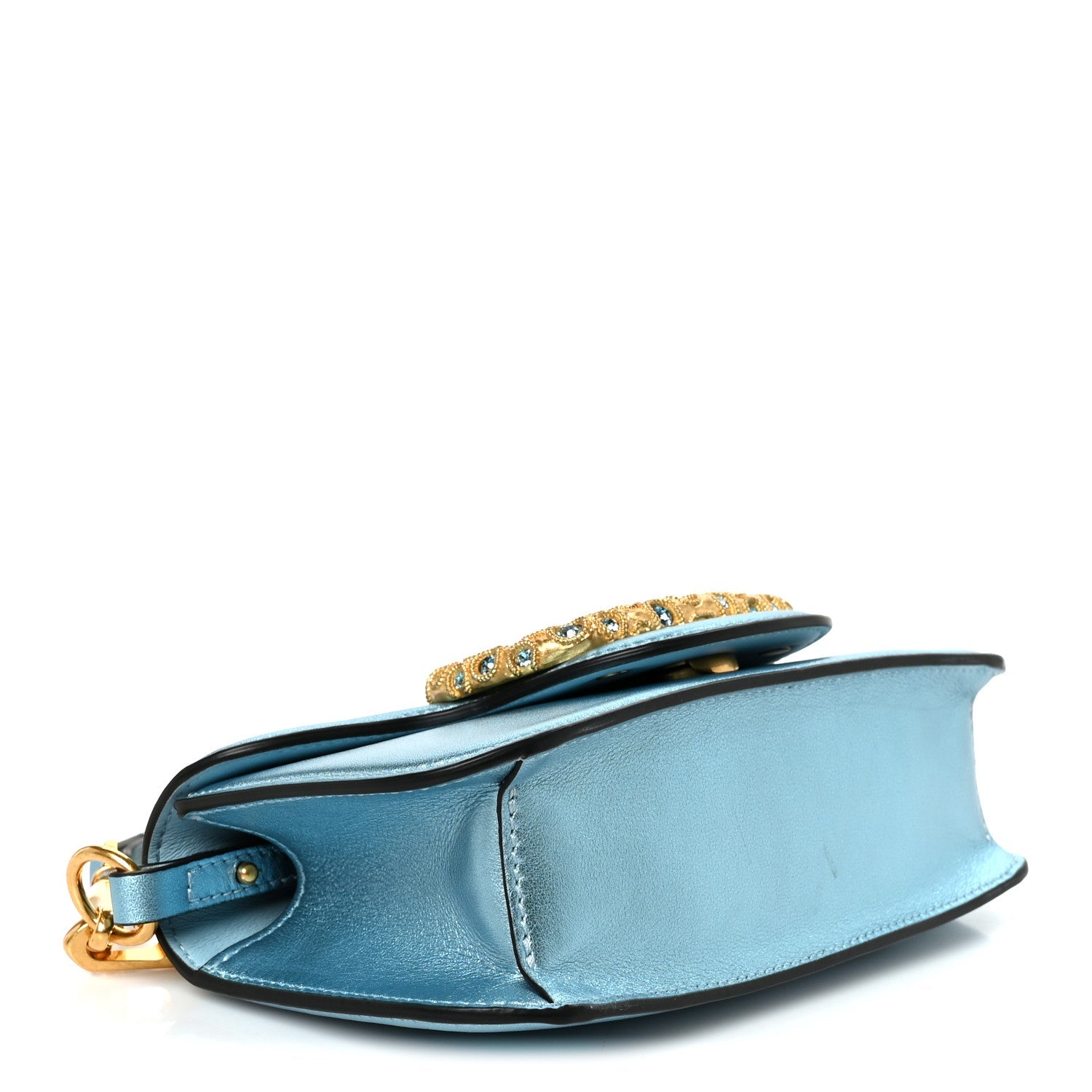 Laminated Calfskin Crystal Vlogo Small Shoulder Bag Blue