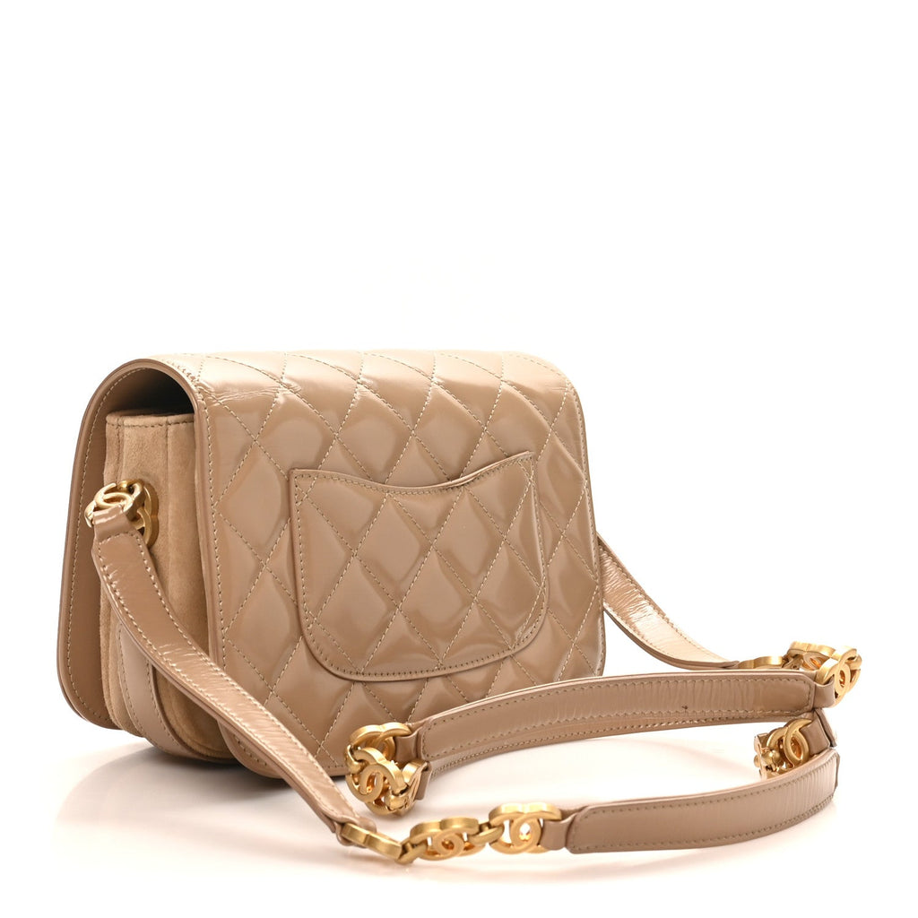 Shiny Calfskin Quilted Suede Goatskin Messenger Beige