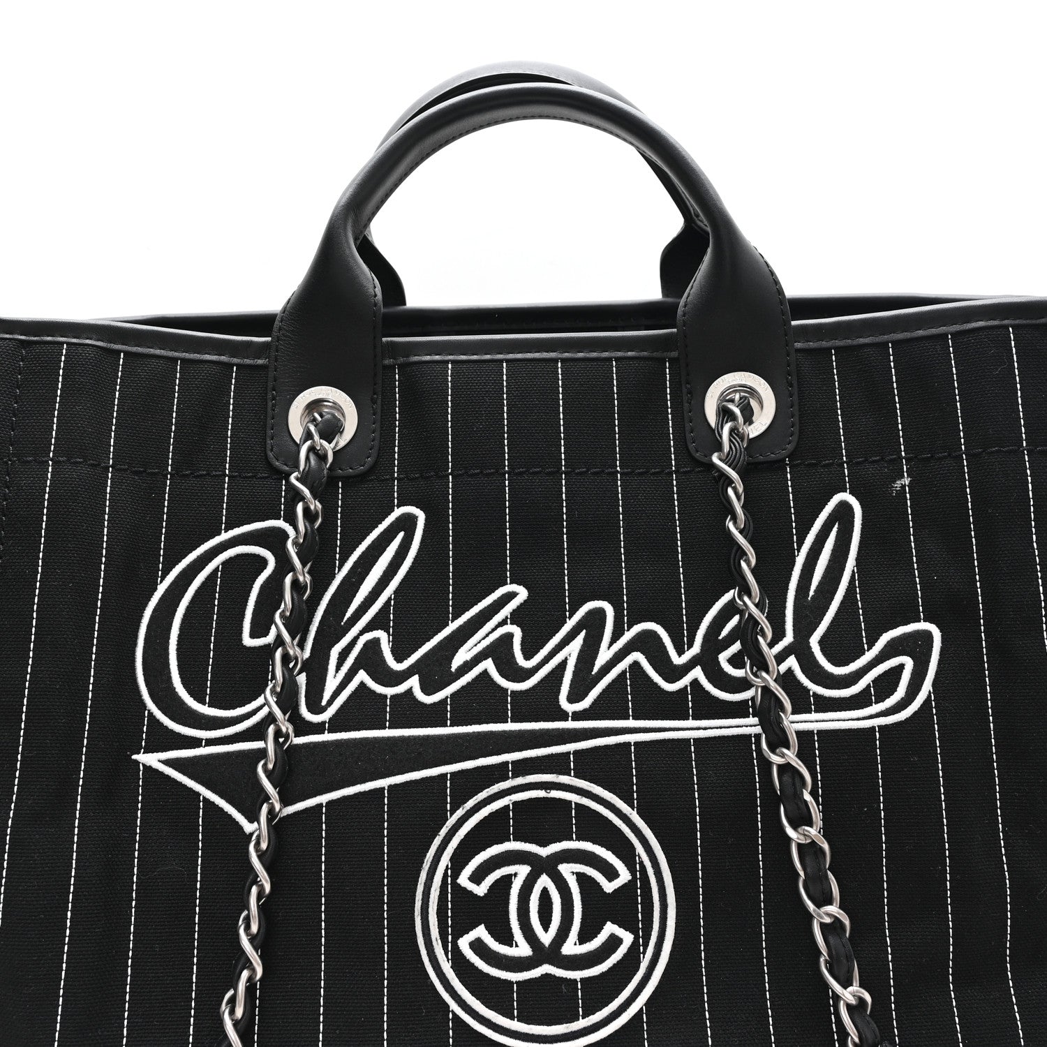 Canvas Calfskin Striped Medium Deauville Tote Black White