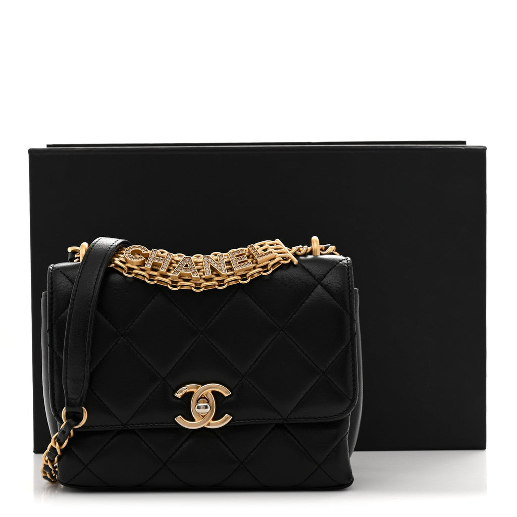 Lambskin Quilted Mini CC Crystal Logo Chain Flap Black