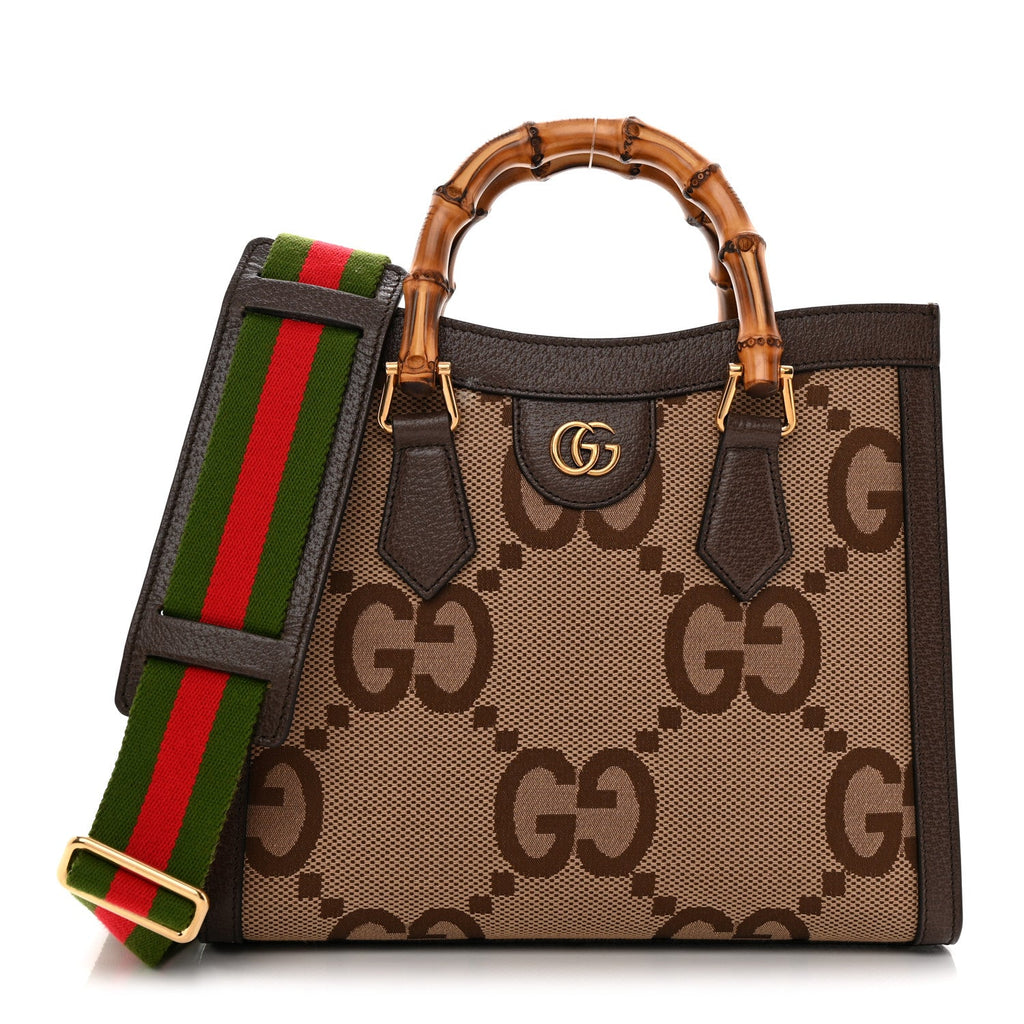 Monogram Jumbo GG Textured Dollar Calfskin Small Diana Tote Bag Camel Ebony New Acero
