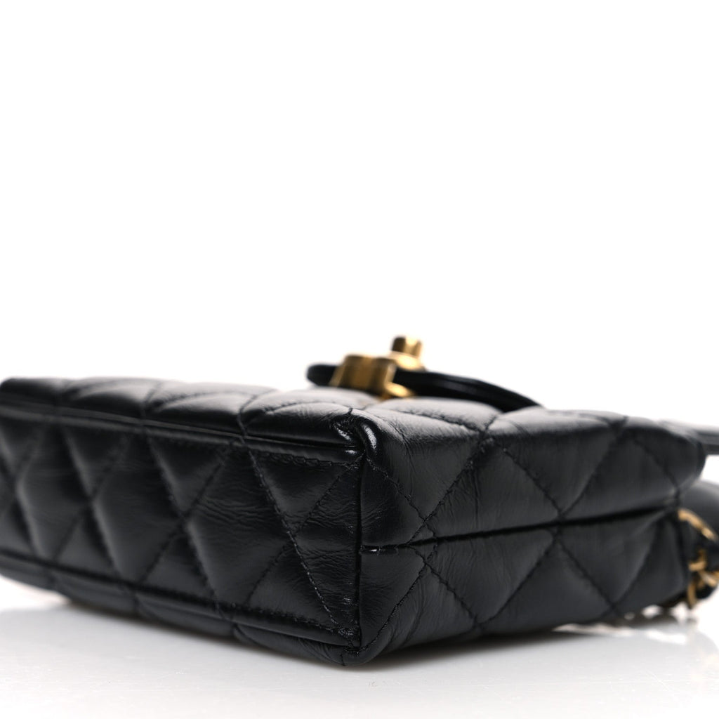 Shiny Aged Calfskin Quilted Mini Nano Kelly Shopper Black