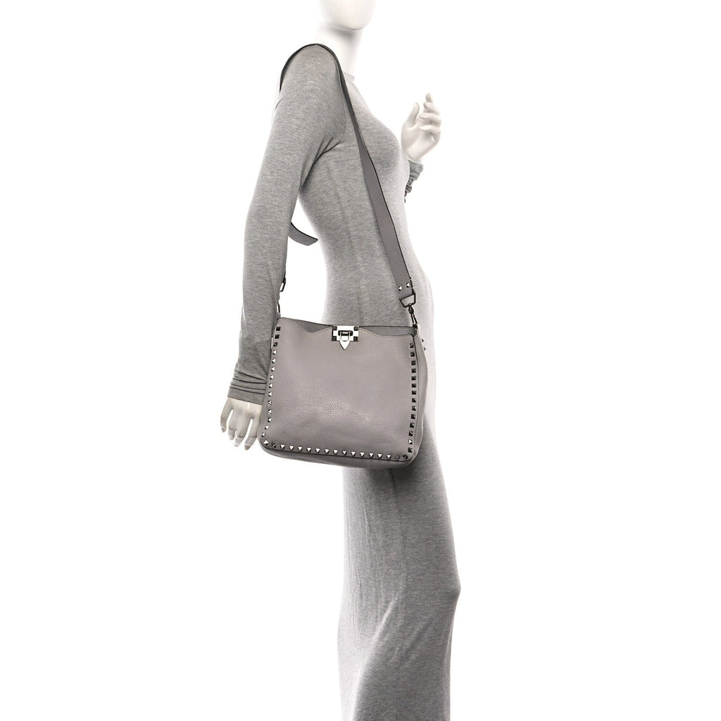 Pebbled Calfskin Small Rockstud Flip-Lock Messenger Bag Grey