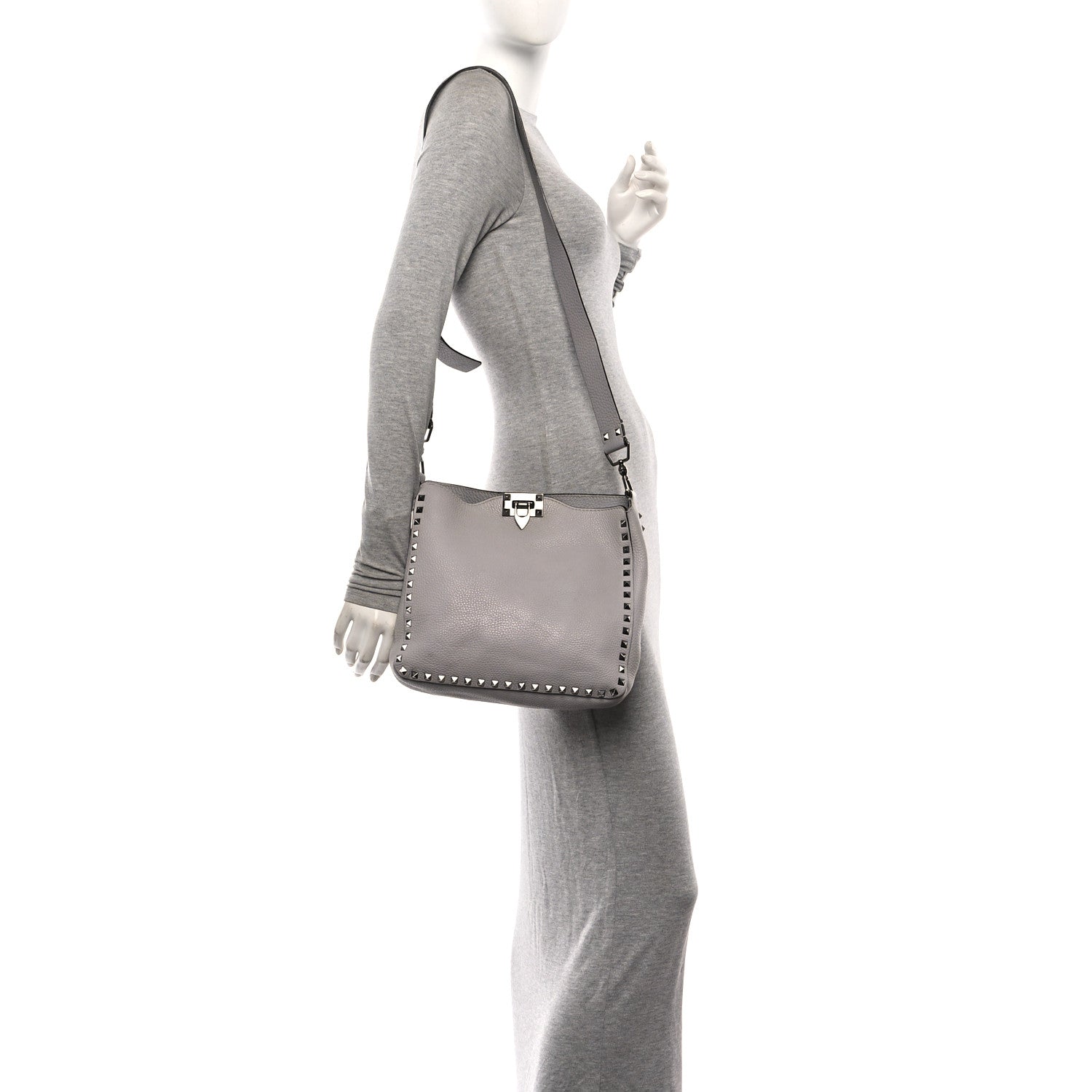 Pebbled Calfskin Small Rockstud Flip-Lock Messenger Bag Grey