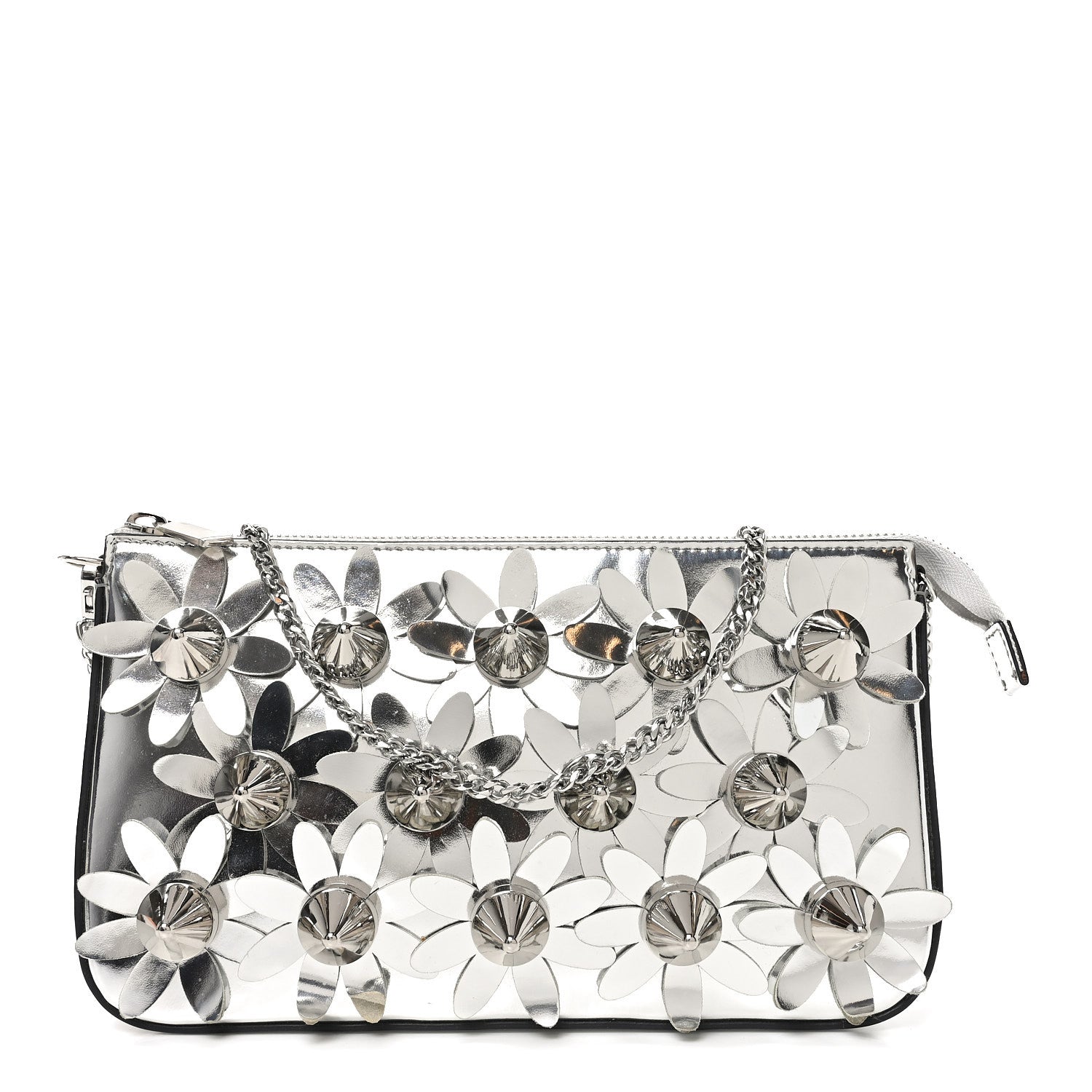 Metallic Patent Calfskin Flower Loubila Chain Clutch Silver
