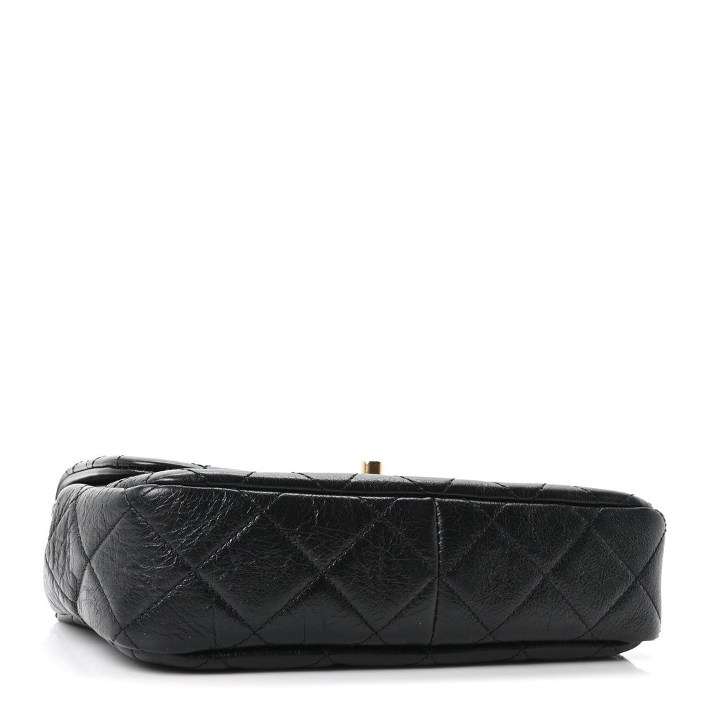 Glazed Calfskin Quilted Pearl Side Flap Black