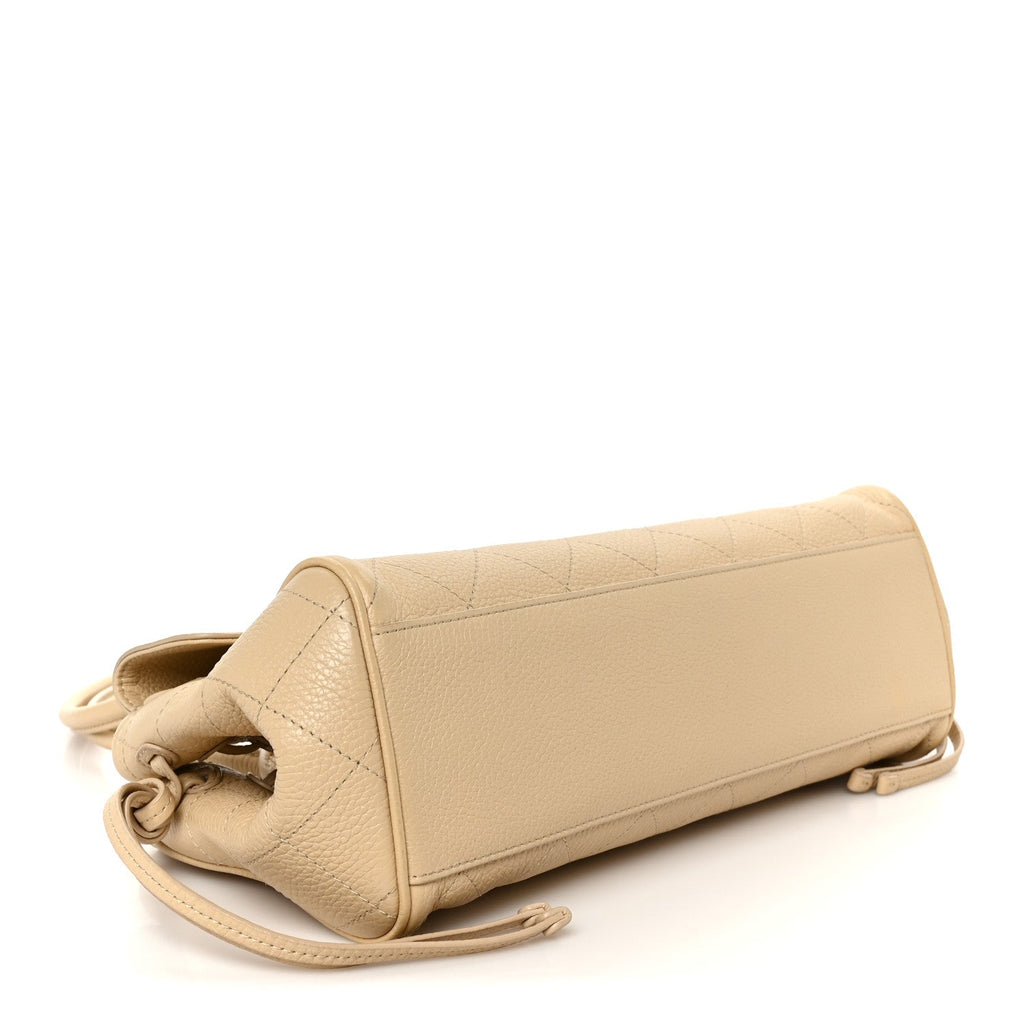 Grained Calfskin Stitched Urban Essentials Small Shopping Bag Beige