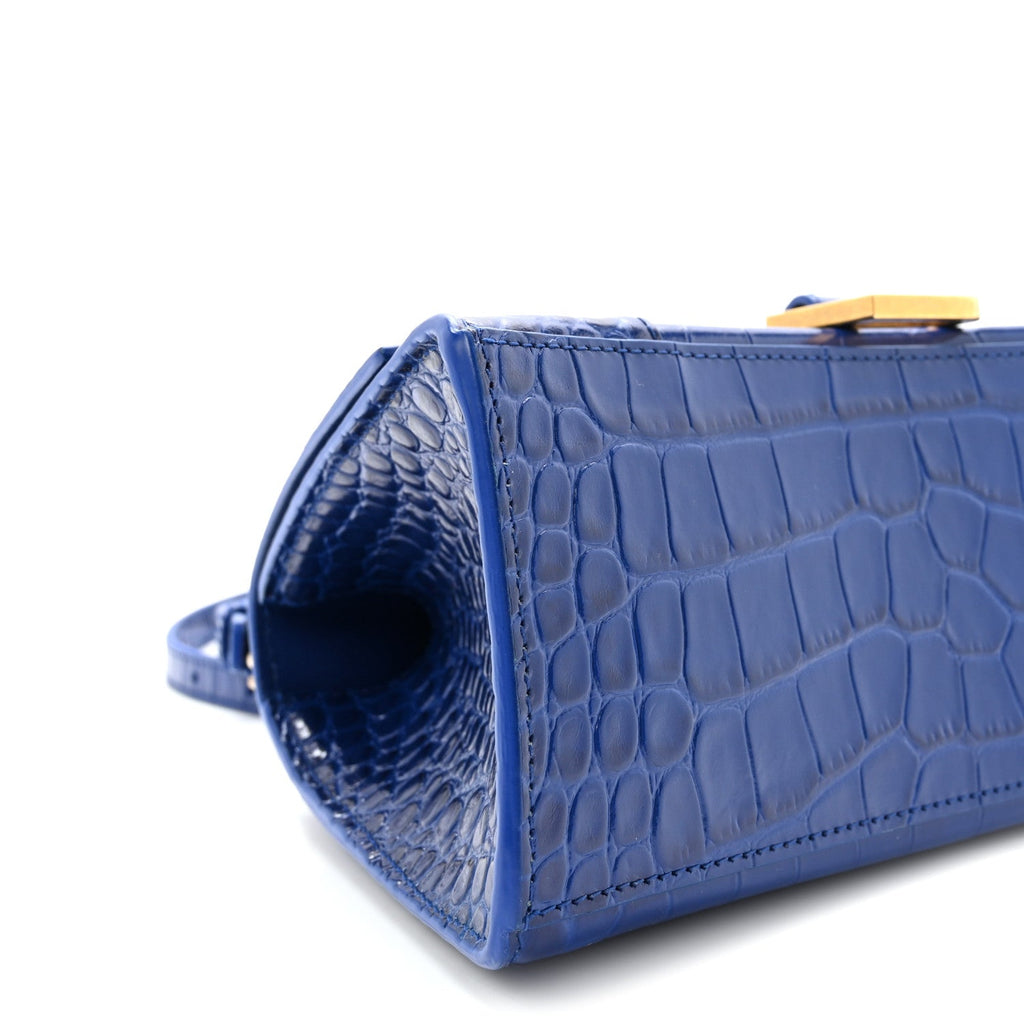 Shiny Calfskin Crocodile Embossed Small Hourglass Top Handle Bag Indigo