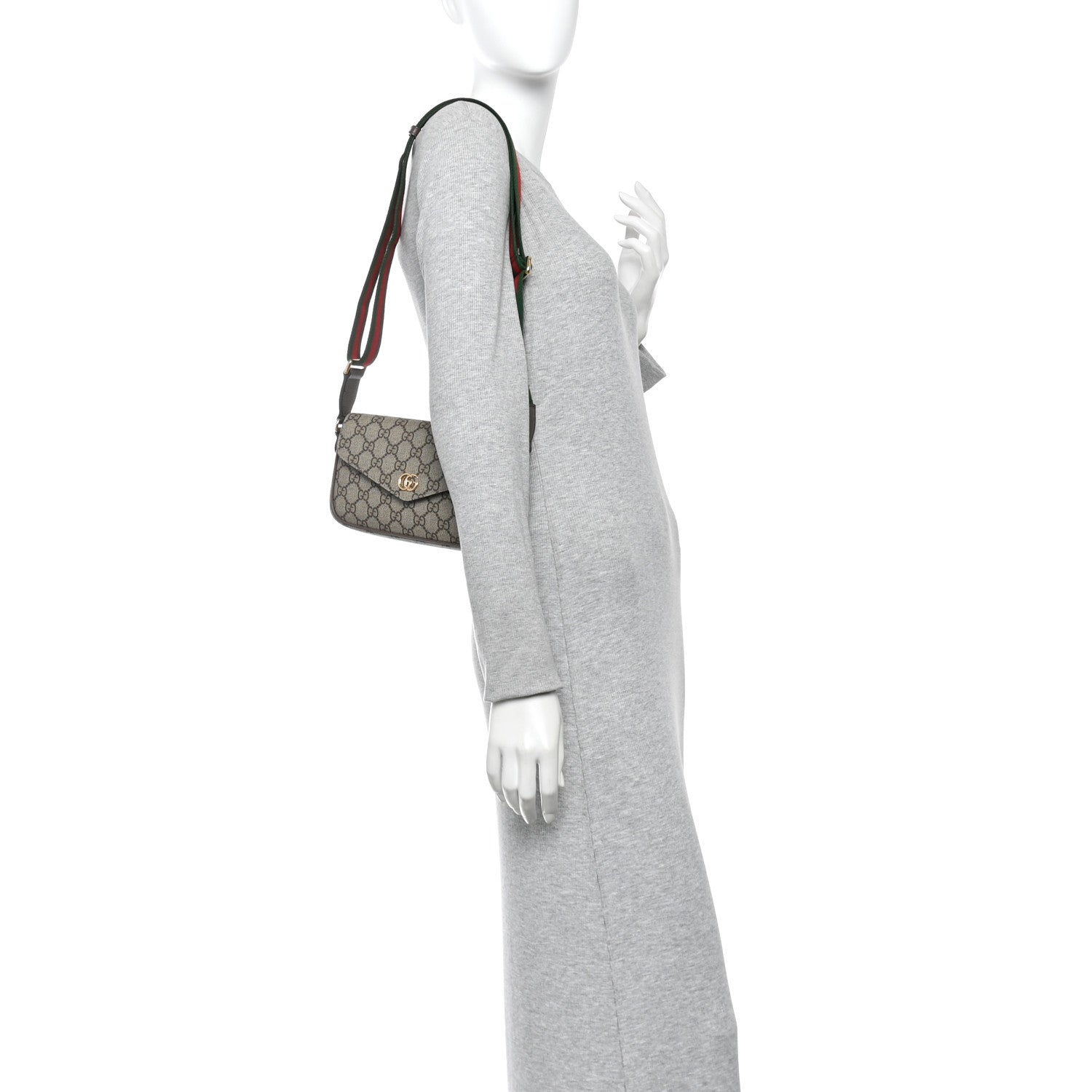 GG Supreme Monogram Textured Dollar Calfskin Web Mini Ophidia Envelope Shoulder Bag Beige Ebony New Acero
