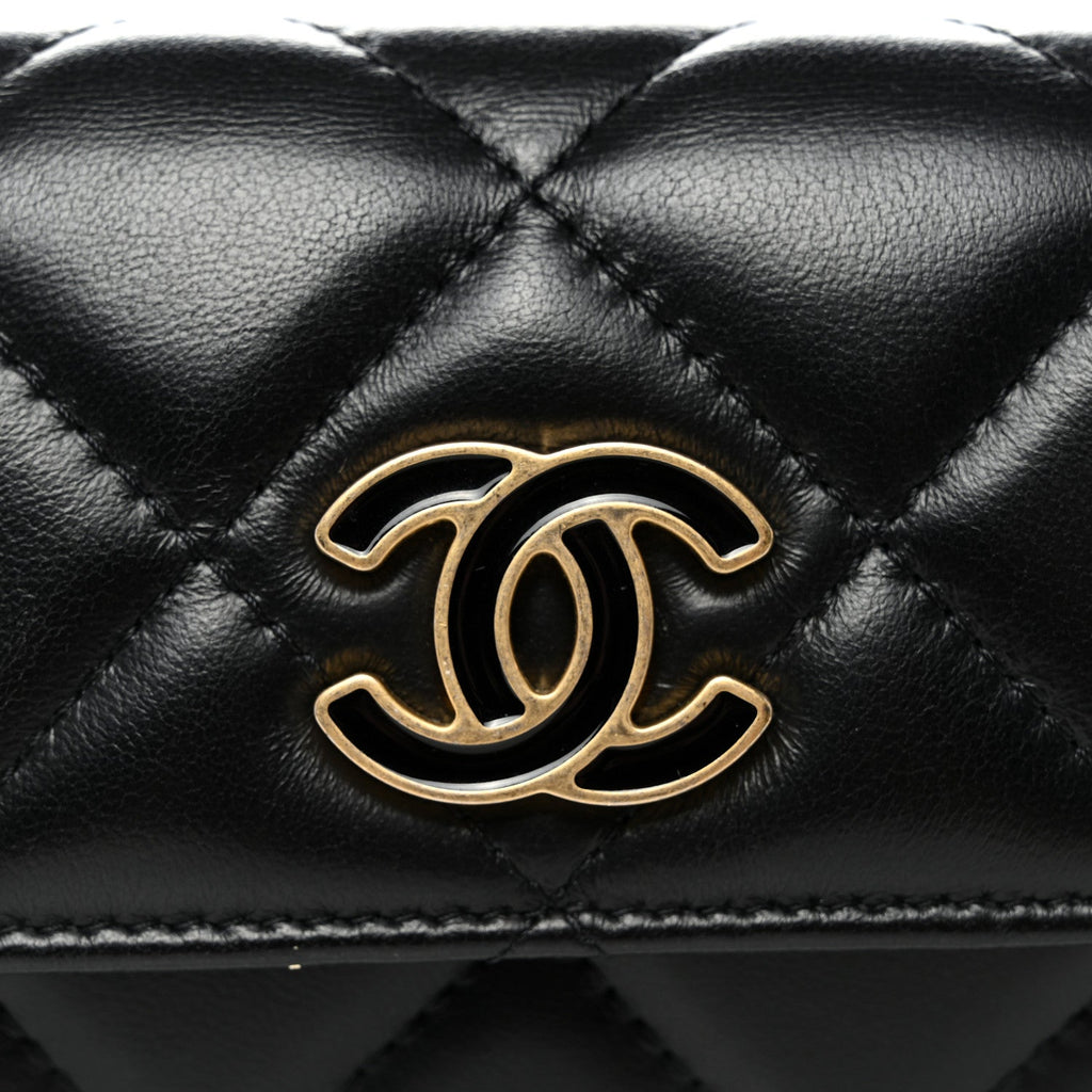 Lambskin Enamel Quilted Pending CC Flap Belt Bag Black
