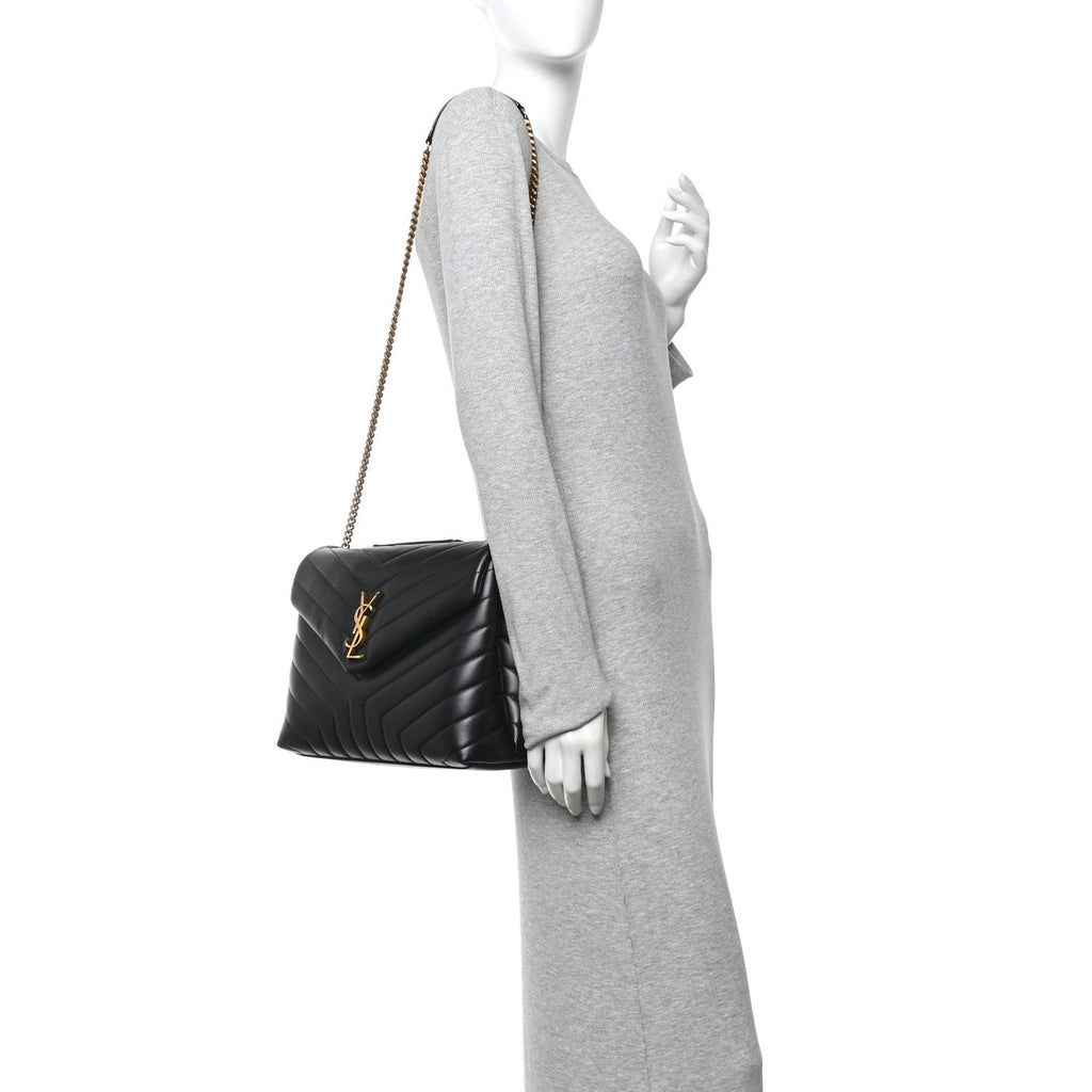 Calfskin Y Quilted Monogram Medium Loulou Chain Satchel Black