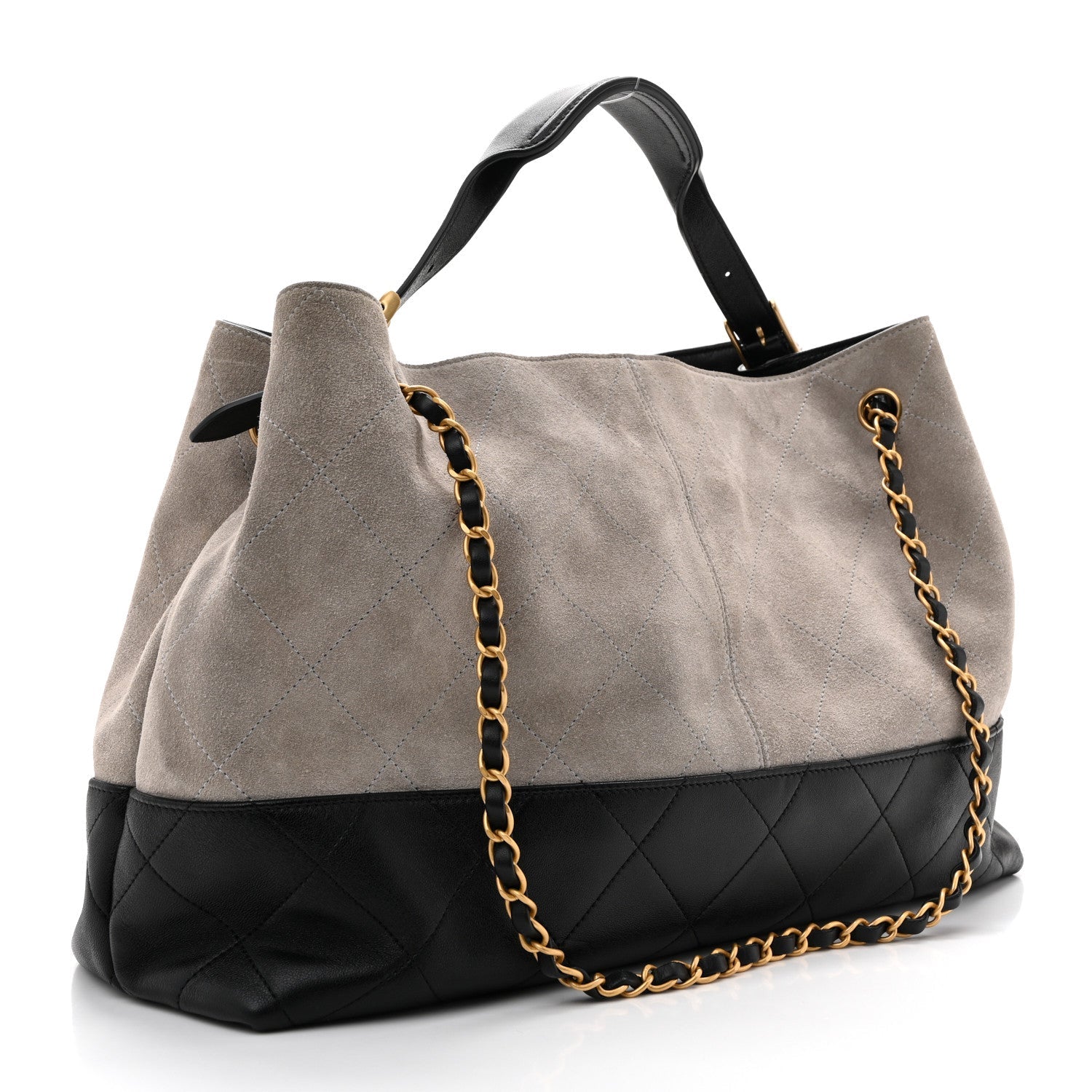 Suede Calfskin Shiny Lambskin Quilted Large Coco Base Shopping Bag Grey Black