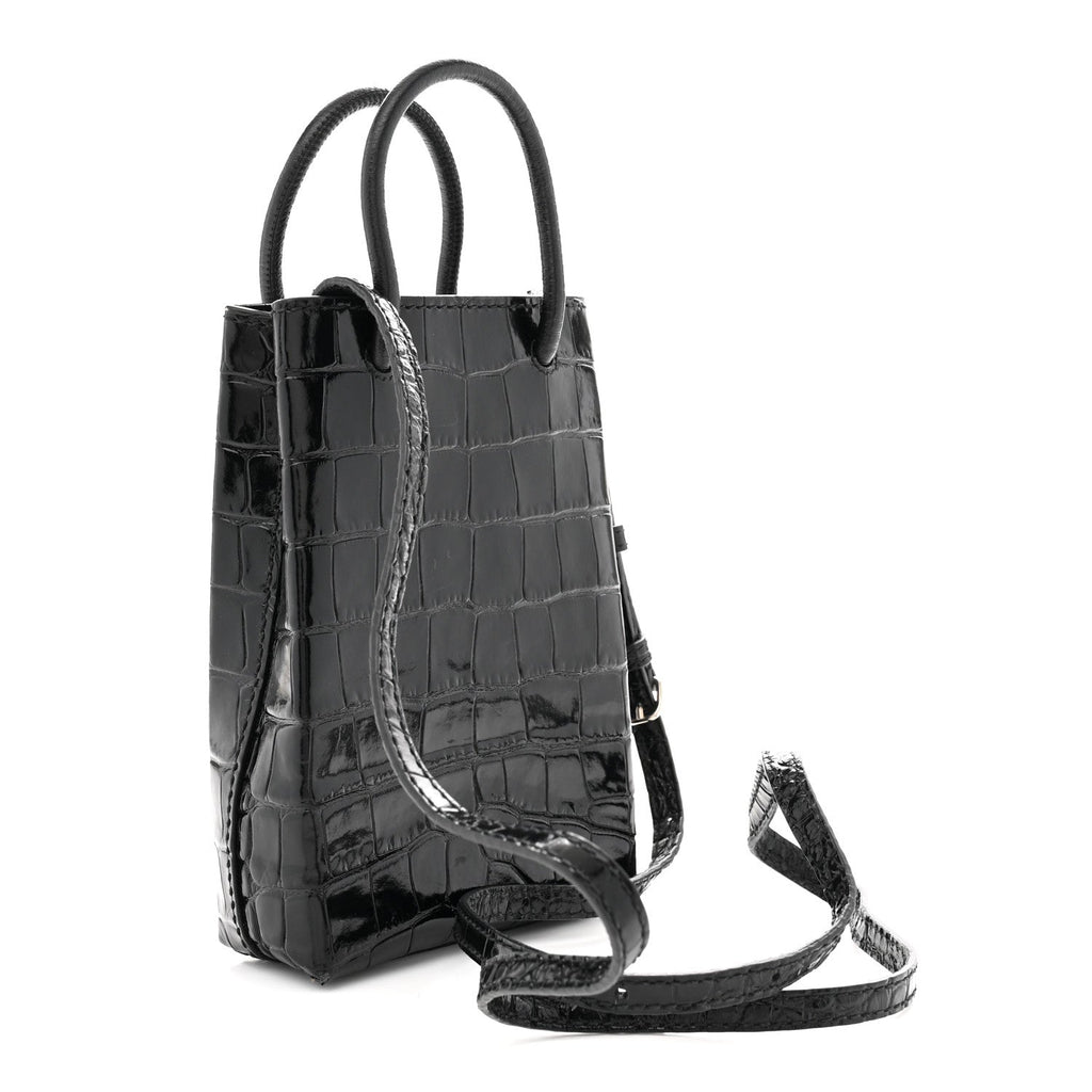 Calfskin Crocodile Embossed Logo Shopping Phone Holder Bag Black