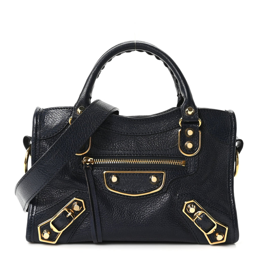 Chevre Gold Metallic Edge Hardware Mini City Bleu Nuit