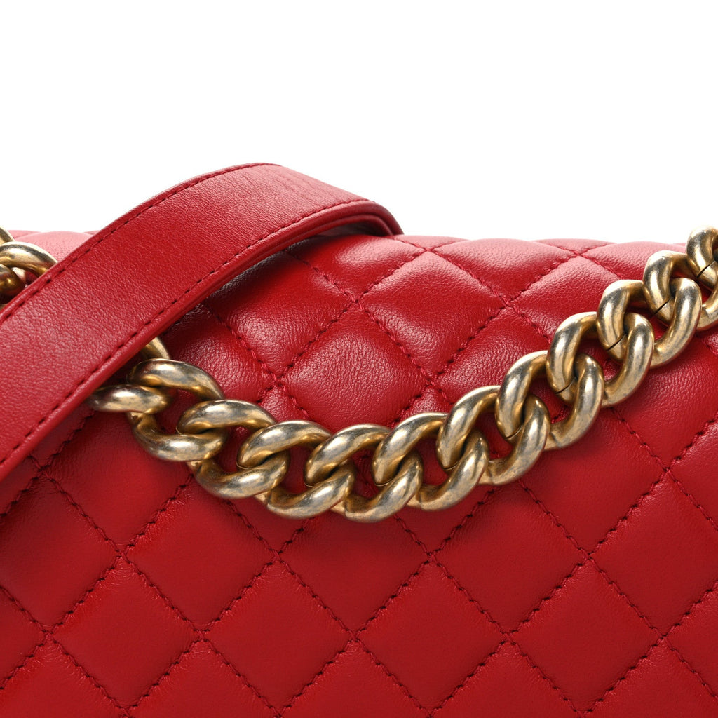 Lambskin Quilted Small Boy Flap Red